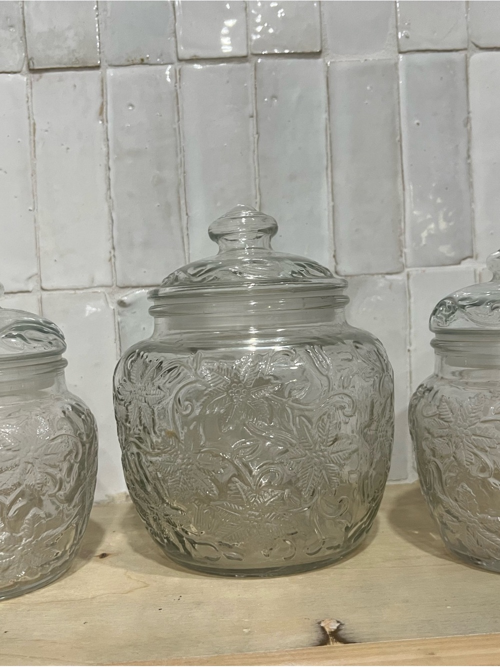 Vintage Princess House Clear Embossed Glass Canisters with Lid